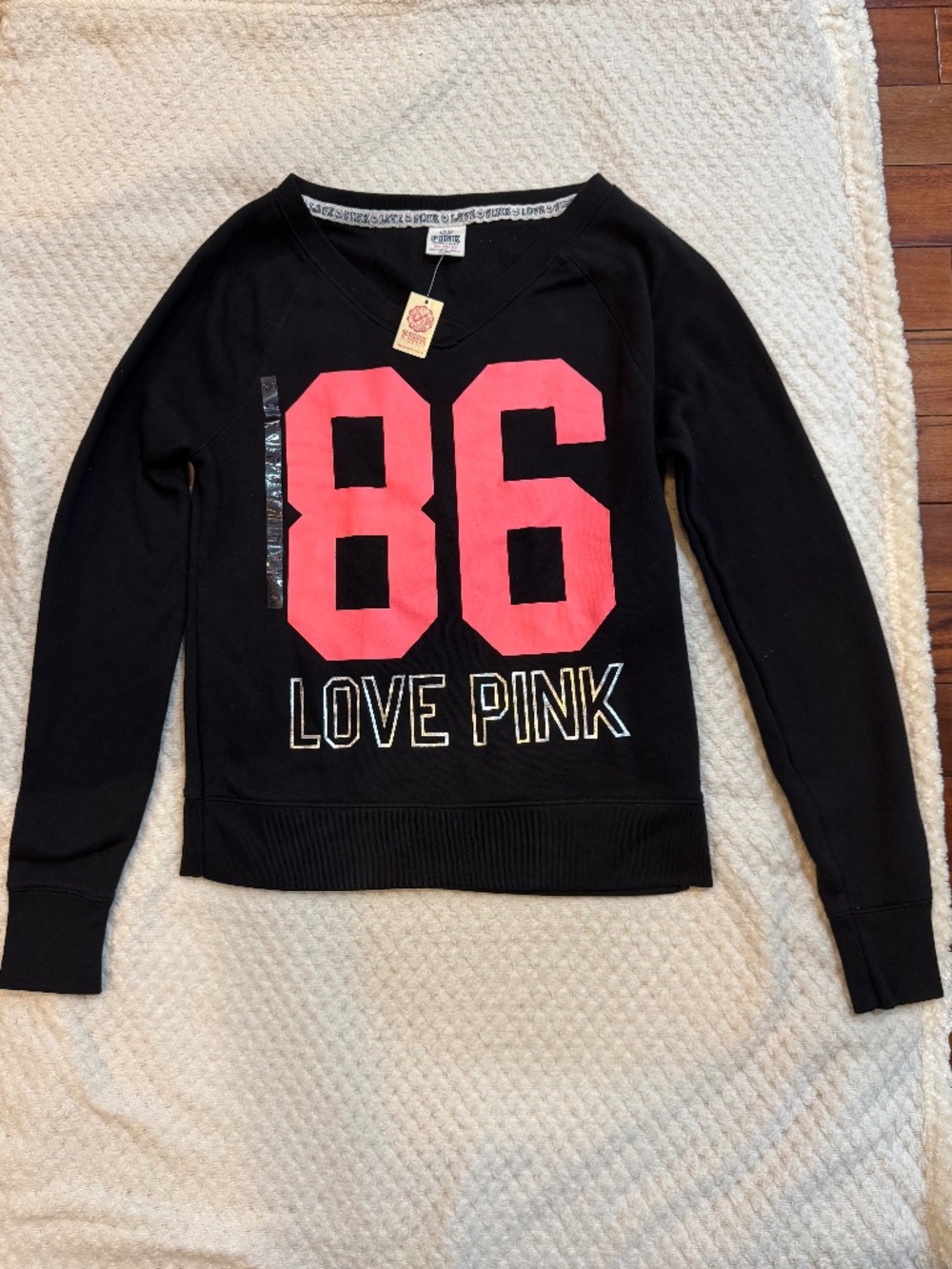 Victoria’s Secret PINK V-Neck Sweater, Black and Pink, Size XS, New With Tags